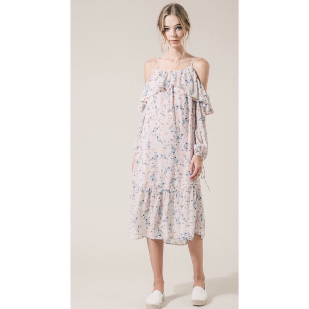 Floral Midi Dress Swiss Dot/Cold Shoulder Design,M - Picture 2 of 8